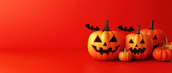 A red background with three orange pumpkins with black bats on top of them