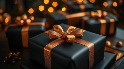 Black gift boxes with gold ribbon and a festive background.