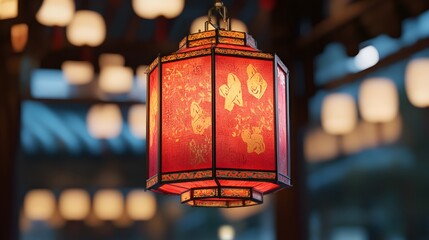 Square-shaped lantern with red and gold patterns and simple cartoon-style surface design