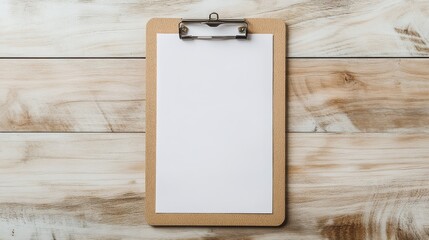Poster - A clean wooden clipboard rests on a rustic wooden surface, featuring a blank white sheet of paper, inviting creativity and organization. Ideal for notes and sketches