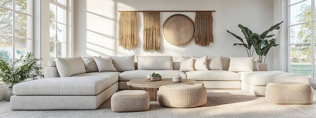 Cozy and inviting modern living room with a large comfortable sectional sofa minimalist stylish decor bright and airy color accents Scandi inspired woven wall hangings floor to ceiling windows