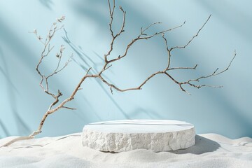 Wall Mural - A white plinth with a tree on top. The plinth is round and the tree is made of branches. The scene is set against a blue wall