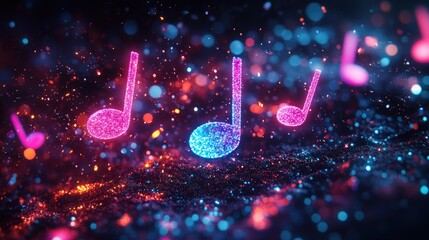 colorful glowing music notes on a dark background with bokeh lights.