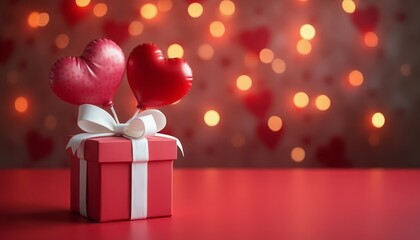 A red gift box tied with a ribbon is accompanied by heart-shaped balloons and bokeh lights in the background, creating a romantic and festive scene. The atmosphere is warm and loving.