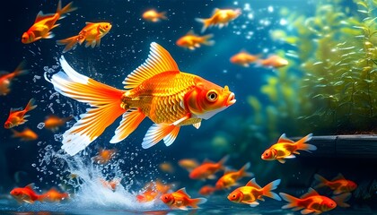 Dynamic Goldfish Leaping from Water Symbolizing Career Growth and Energetic Advancement in a Lively Aquarium Environment