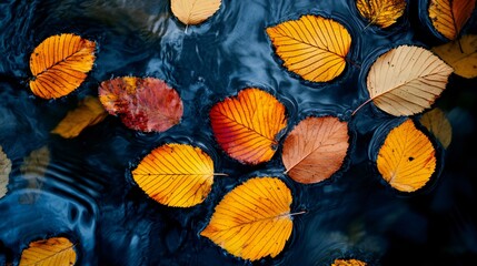 Wall Mural - Autumn leaves floating on dark blue water.