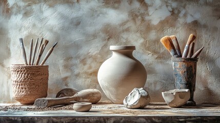 Artistic Pottery and Painting Supplies on a Rustic Wooden Table