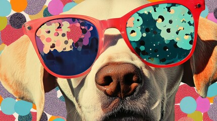 party dog collage  popart collage style bold shapes and colors with animal wearing sunglasses	