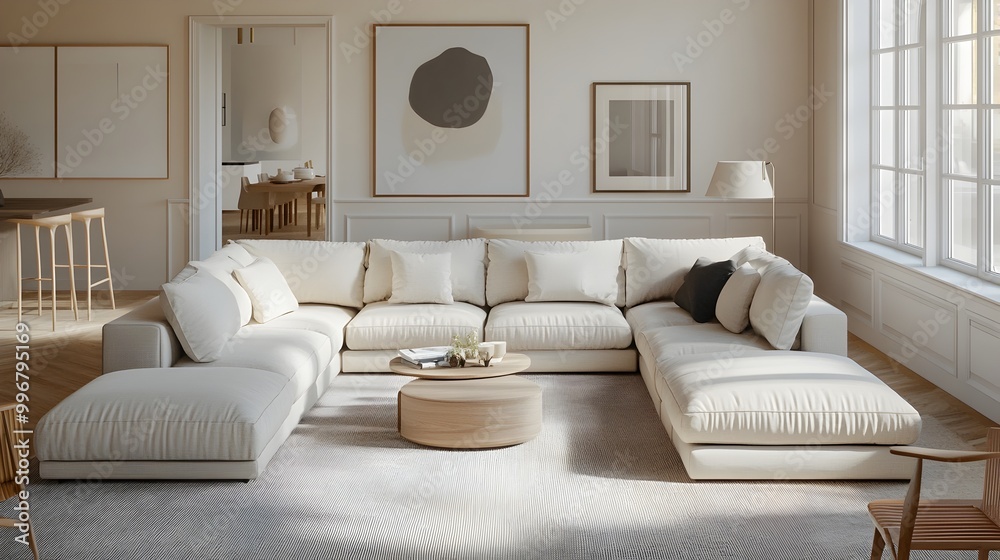 Cozy and inviting modern living room with a sprawling modular sectional ...
