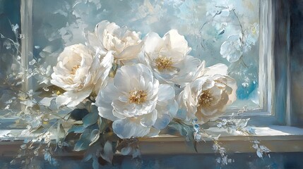 Ethereal floral bouquet with glistening gold filigree and crystal accents artfully arranged on a sunlit windowsill evoking an impressionistic luxurious and elegant still life painting