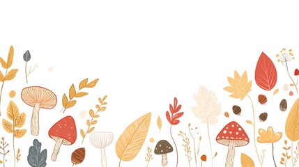 Wall Mural - 
A vector illustration of hand-drawn, cute autumn leaves, mushrooms, and acorns in the bottom border on a white background.