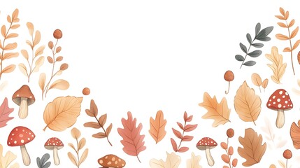 Wall Mural - 
A vector illustration of hand-drawn, cute autumn leaves, mushrooms, and acorns in the bottom border on a white background.