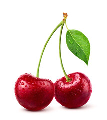 Wall Mural - red cherry with water droplets isolated on white background.