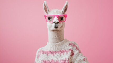 Stylish alpaca wearing pink glasses and cozy sweater against pink background with copy space