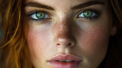 Wall Mural - Close-Up Portrait of a Woman with Green Eyes and Freckles