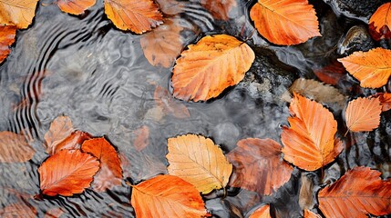 Wall Mural - Close-up of autumn leaves floating on a stream.