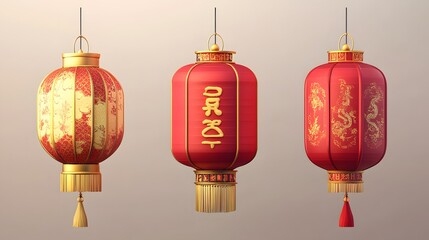 Cylindrical Chinese lantern in red and gold with traditional designs in a cartoon style