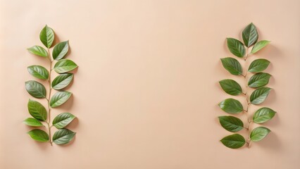 Two Green Branches with Leaves on a Beige Background