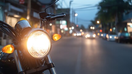 Close-up view of a motorcycle headlight illuminated in the evening city street with blurred background and bokeh lights.