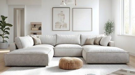 Fototapete - Cozy and inviting modern Scandinavian style living room with large comfortable sectional sofa minimalist decor bright and airy atmosphere natural light and neutral color palette