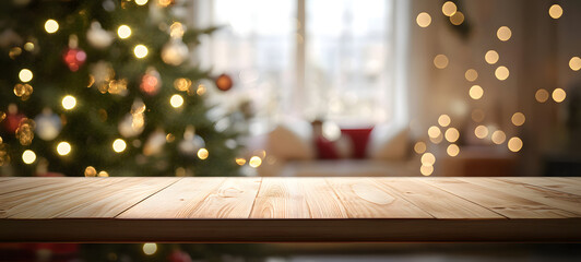 Poster - A wood table, tabletop product display with a festive living room Christmas background of Christmas tree and fairy lights.