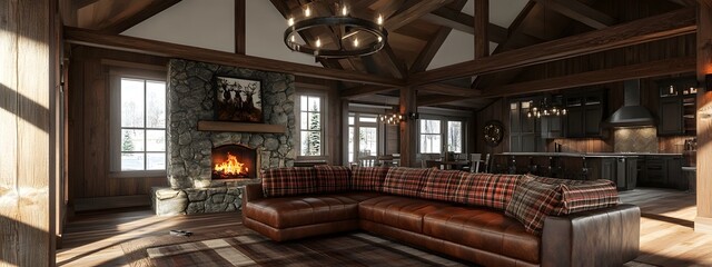 Cozy and Inviting Rustic Great Room with Plush Leather Sectional Stone Fireplace Exposed Wooden Beams and Dramatic Moody Cinematic Lighting