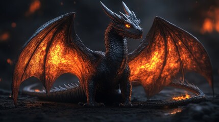 A black dragon with orange wings and red eyes stands on a rocky surface