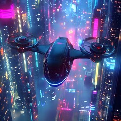 Poster - Futuristic Black Friday scene with sleek autonomous delivery drones zipping through a neon lit city skyline holographic product displays and streamlined futuristic architecture