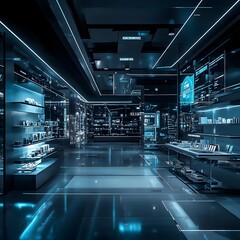 Poster - Futuristic Black Friday Tech Sleek and Minimalist Retail Spaces with Holographic Displays Digital Interfaces and Metallic Tones in a Clean Sci Fi Style