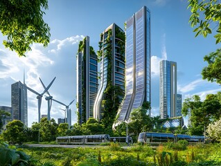 Poster - futuristic cityscape showcasing renewable energy projects driving urban transformation featuring sol