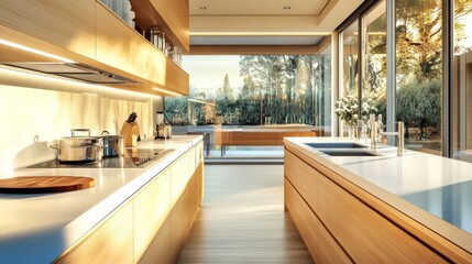 Poster - This modern wooden kitchen showcases white and blue accents, illuminated by soft natural light. Large windows offer a scenic view, enhancing the inviting atmosphere