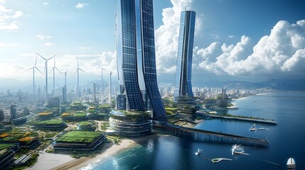 Poster - futuristic urban landscape showcasing renewable energy projects solar powered skyscrapers offshore w