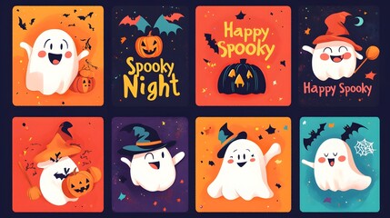 Poster - 
set of cute kawaii Halloween cards with text 