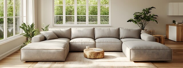 Cozy and welcoming modern living room with a plush L shaped sectional sofa in a neutral textile minimalist yet stylish decor featuring natural wood and plant life accents