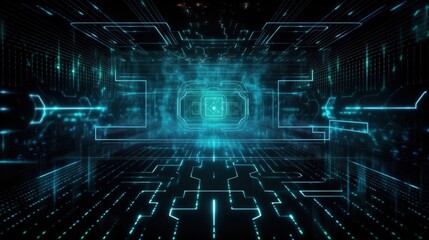 Poster - A Futuristic Digital Tunnel Design Featuring Circuit Patterns Dominated by Shades of Blue