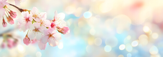 Poster - Pink cherry tree blossom flowers blooming in spring, easter time against a natural sunny blurred garden banner background of blue, yellow and white bokeh.