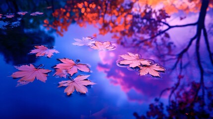 Wall Mural - Fallen autumn leaves float on the surface of a still blue pond, with a reflection of the sunset in the sky.