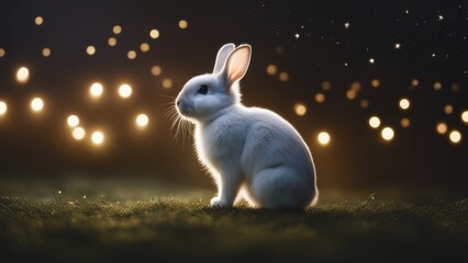 a rabbit sits on grass at night its eyes shining with a soft light in front of a starry sky under a 