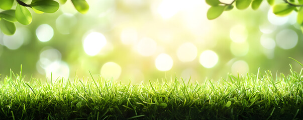 Poster - A fresh spring sunny garden background of green grass and blurred foliage bokeh.