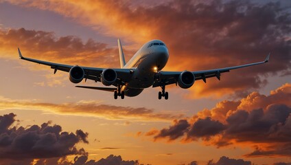 Airplane taking off at sunset with vibrant sky colors.