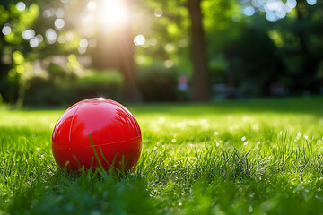 Kick Ball. Red Kickball in the Summer Park. Bright Sunshine and Green Grass