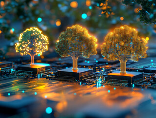 Poster - futuristic business growth concept featuring glowing trees on circuit board, symbolizing innovation 