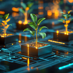 Poster - high tech metaphor for business growth with glowing plants on circuit board. this image symbolizes i