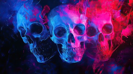 Wall Mural - Three skulls are shown in a blue, red, and purple background