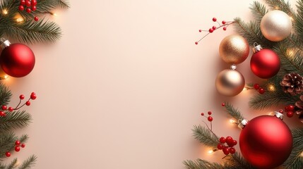 Poster - A festive background featuring a variety of red and gold Christmas ornaments, pine branches, and twinkling lights.