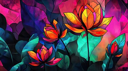 Wall Mural - A colorful painting of three flowers with a blue background