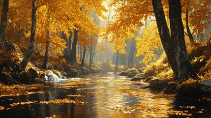 Wall Mural - Golden autumn leaves float on a calm river in a forest.