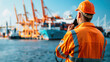 © Sunday Cat Studio - A construction worker in an orange safety vest and hard hat talks on a phone by a busy harbor with cargo ships.