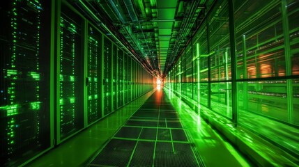 Poster - The interior of a green data center features rows of server racks arranged in a narrow corridor, brightly lit by energy-efficient LED lights, emphasizing modern technology