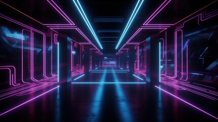 Poster - A futuristic neon hallway with colorful lights and unique patterns throughout the space